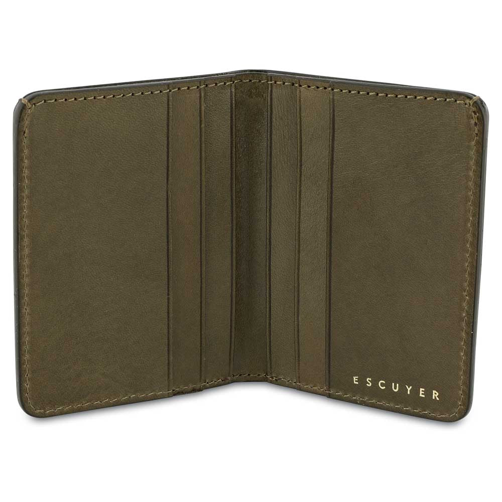 Escuyer khaki slim wallet open — 6 card slots in natural leather interior