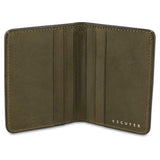 Escuyer khaki slim wallet open — 6 card slots in natural leather interior