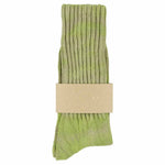 One-of-a-kind women's tie dye crew socks in spring green, hand-dyed, made in Portugal by Escuyer