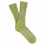 One-of-a-kind women's tie dye crew socks in spring green, hand-dyed, made in Portugal by Escuyer