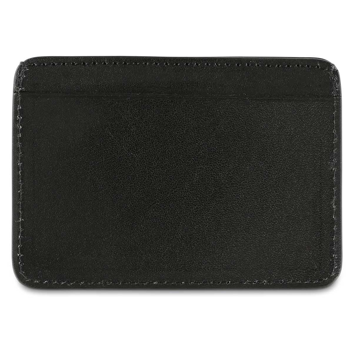 Slim black leather cardholder by Escuyer, showing hand painted edges and card slots