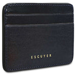 Interior view of Escuyer blue leather cardholder — centre bill section and card pockets