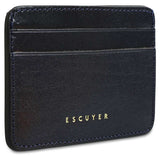 Interior view of Escuyer blue leather cardholder — centre bill section and card pockets