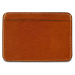 Slim cognac leather cardholder by Escuyer, showing hand painted edges and card slots