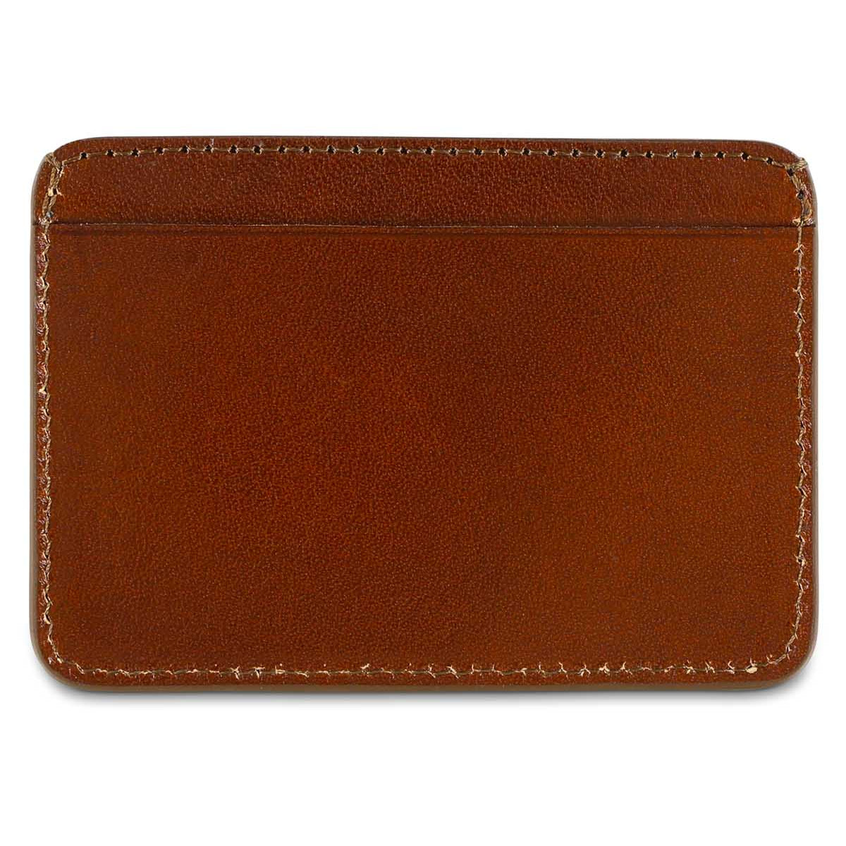 Slim light brown leather cardholder by Escuyer, showing hand painted edges and card slots