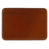 Slim light brown leather cardholder by Escuyer, showing hand painted edges and card slots