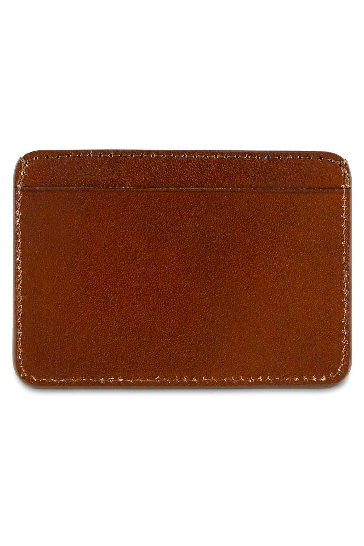 Slim light brown leather cardholder by Escuyer, showing hand painted edges and card slots