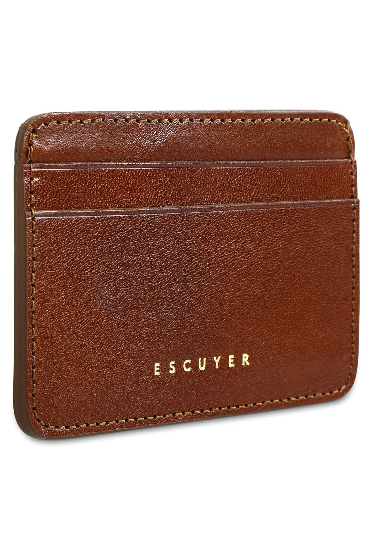 Interior view of Escuyer light brown leather cardholder — centre bill section and card pockets