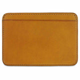 Slim yellow leather cardholder by Escuyer, showing hand painted edges and card slots