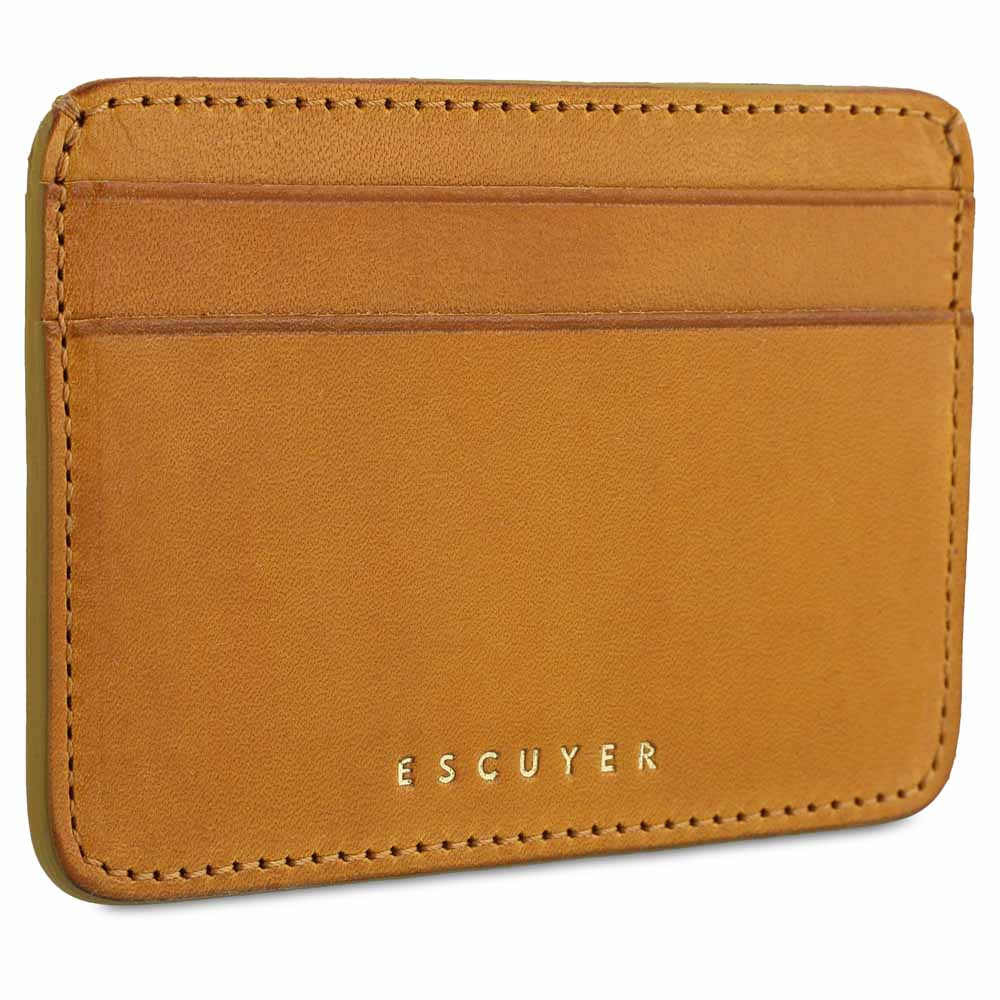 Interior view of Escuyer yellow leather cardholder — centre bill section and card pockets