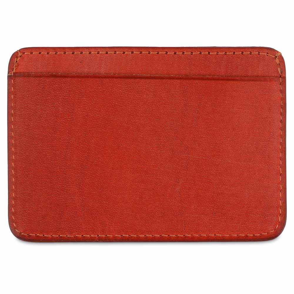 Slim orange leather cardholder by Escuyer, showing hand painted edges and card slots