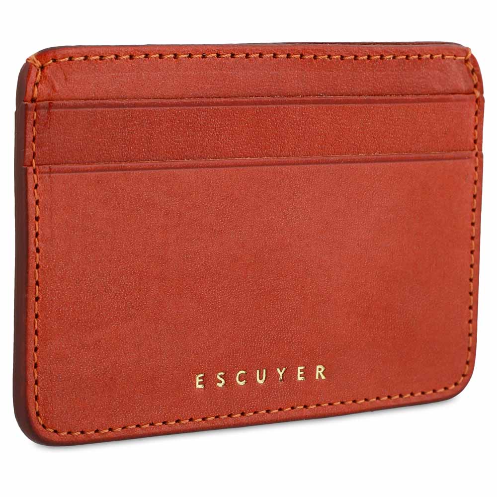 Interior view of Escuyer orange leather cardholder — centre bill section and card pockets