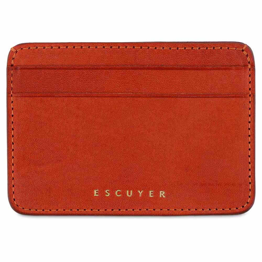 Escuyer orange leather cardholder — handmade vegetable tanned leather card case, front view