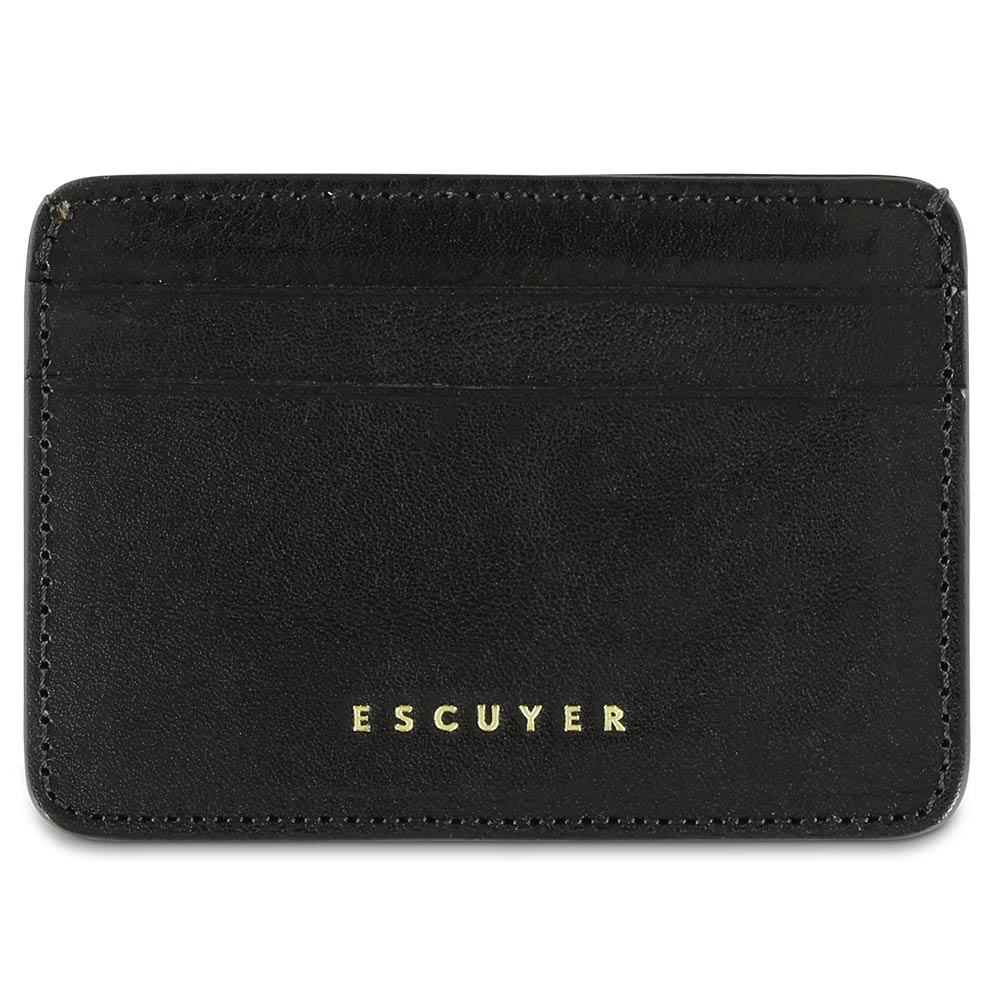 Escuyer black leather cardholder — handmade vegetable tanned leather card case, front view