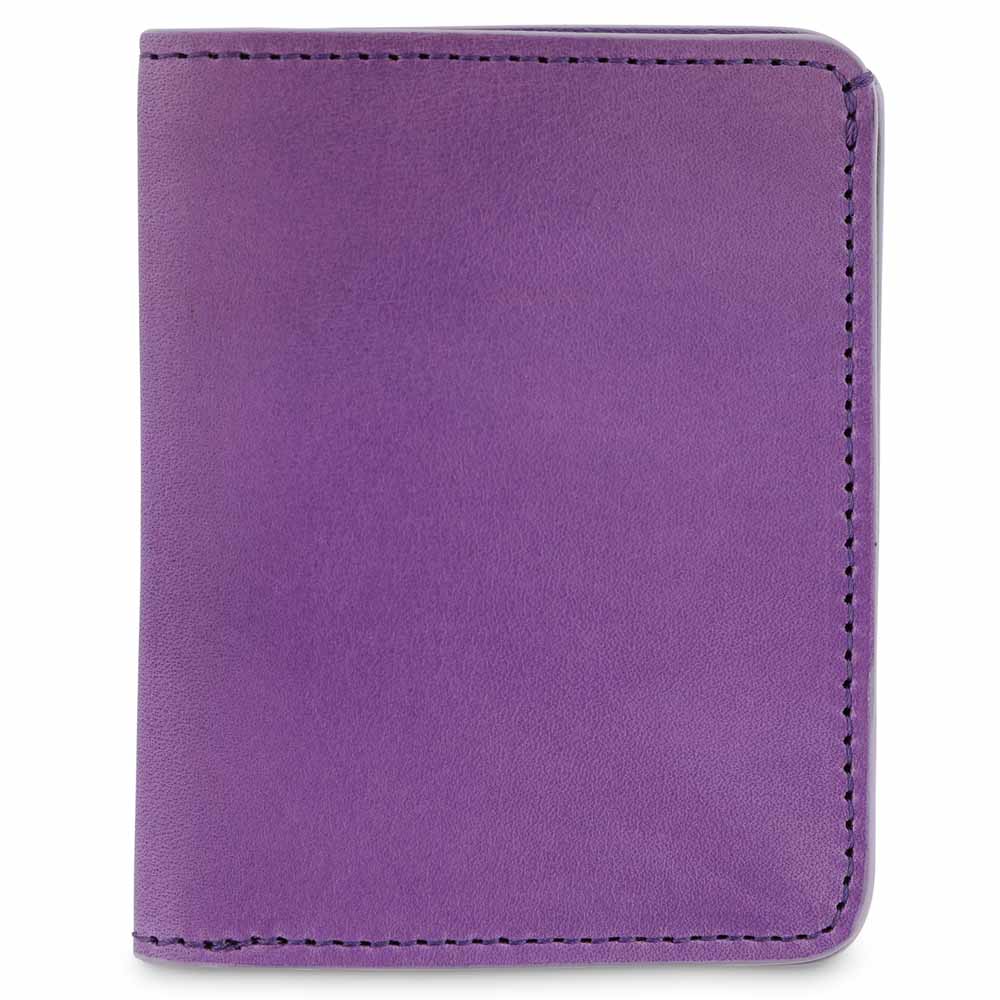 Escuyer violet slim wallet showing slim profile and hand painted edges