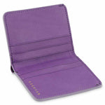 Escuyer violet slim wallet showing bill sleeve in natural leather interior