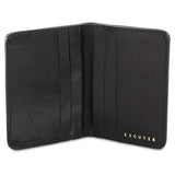Escuyer black slim wallet open — 6 card slots in natural leather interior