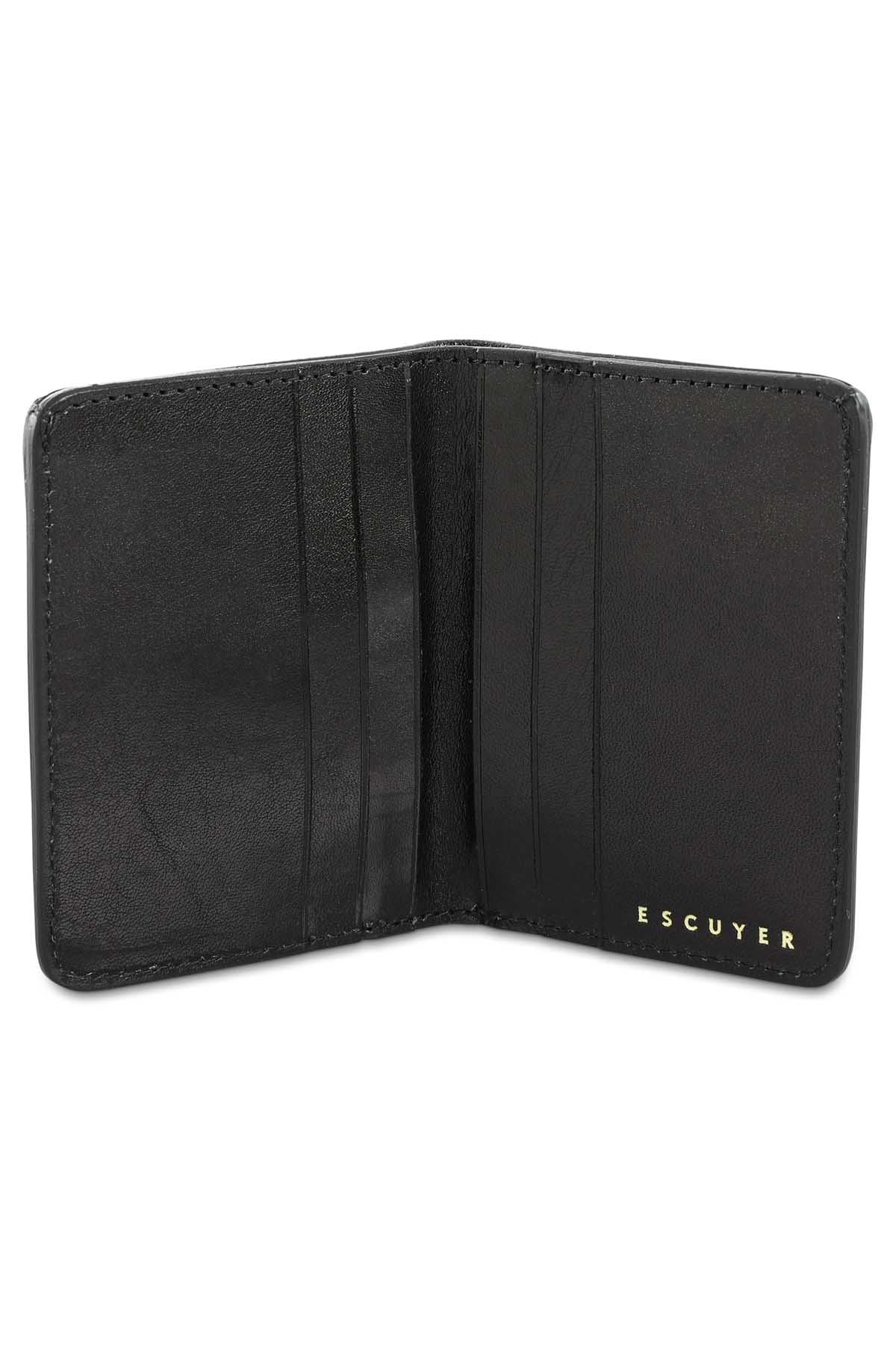 Escuyer black slim wallet open — 6 card slots in natural leather interior
