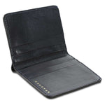 Escuyer blue slim wallet open — 6 card slots in natural leather interior