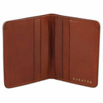 Escuyer cognac slim wallet open — 6 card slots in natural leather interior