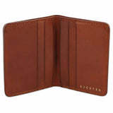 Escuyer cognac slim wallet open — 6 card slots in natural leather interior