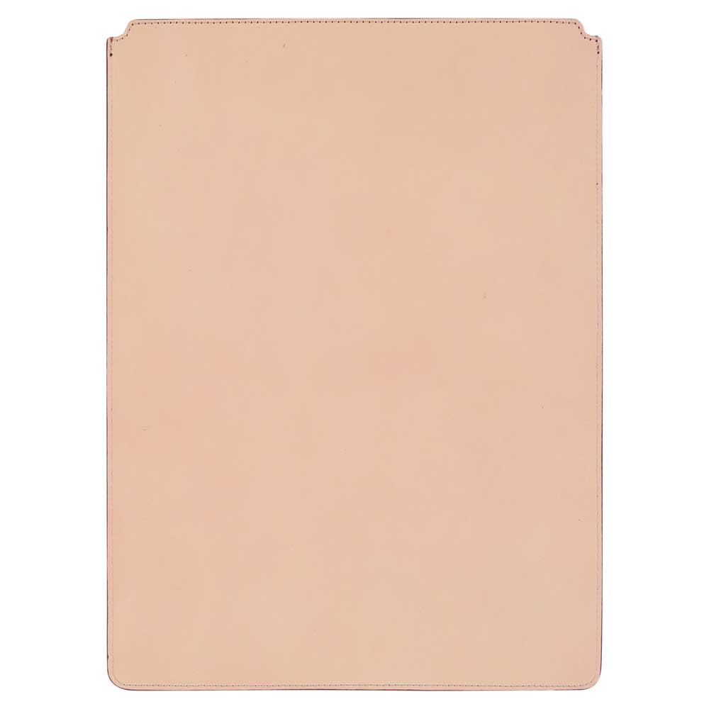 Escuyer cognac and pink leather MacBook sleeve — pink back panel, two-tone Italian veg-tanned leather