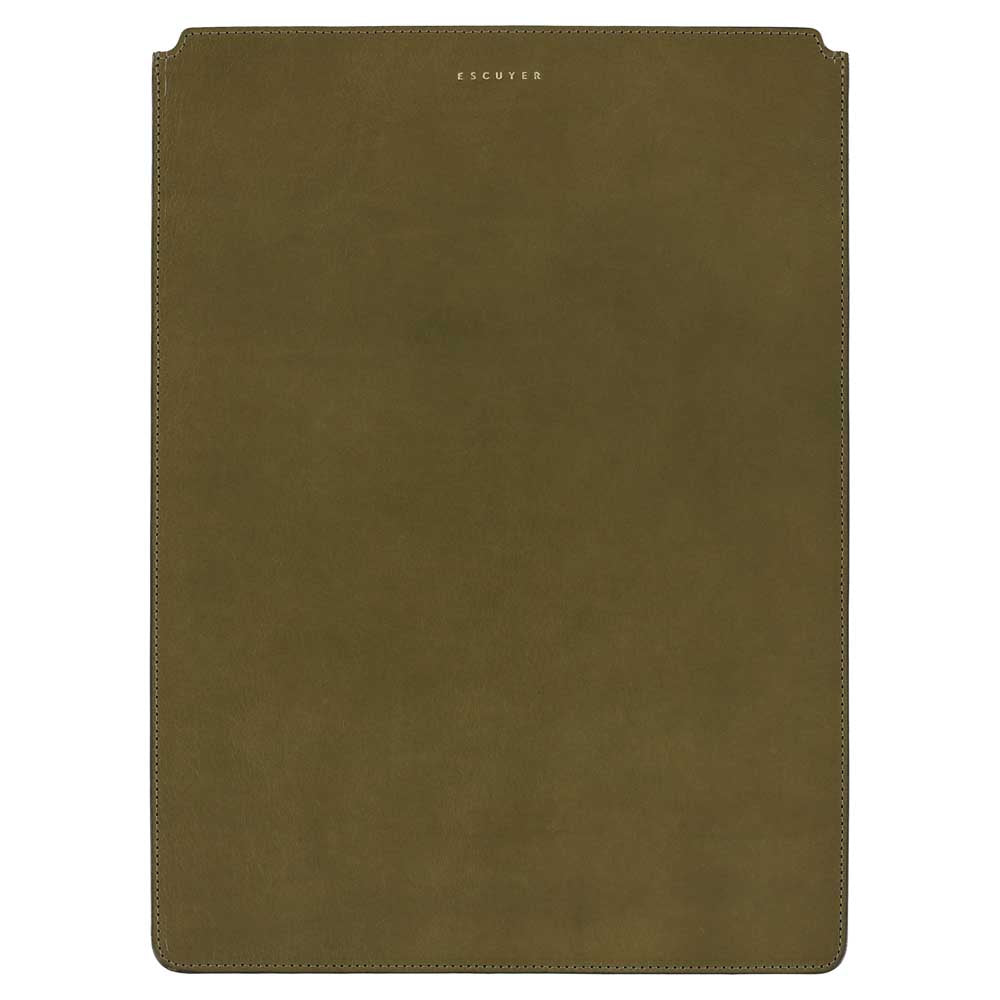 Escuyer khaki and mustard leather MacBook sleeve — khaki front panel, Italian veg-tanned leather, handmade in Portugal