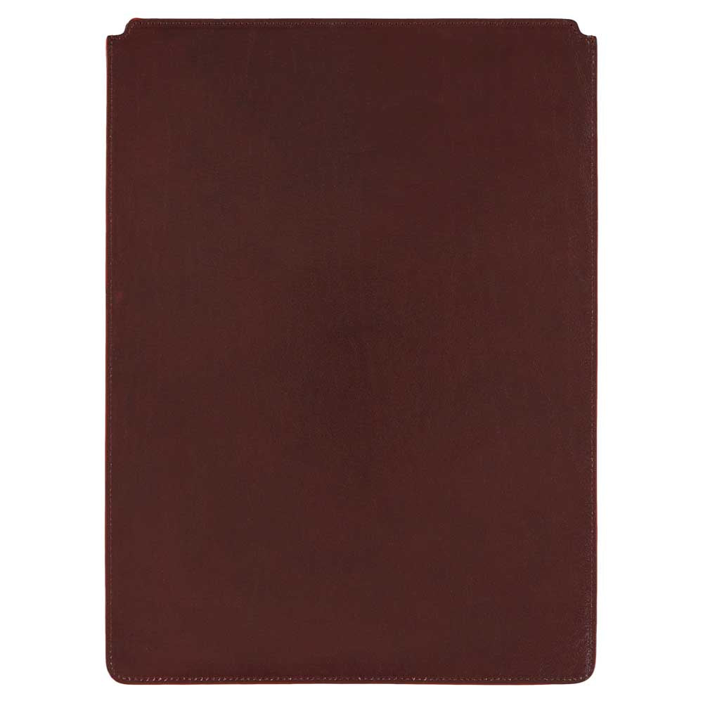 Escuyer red and burgundy leather MacBook sleeve — burgundy back panel, two-tone Italian veg-tanned leather