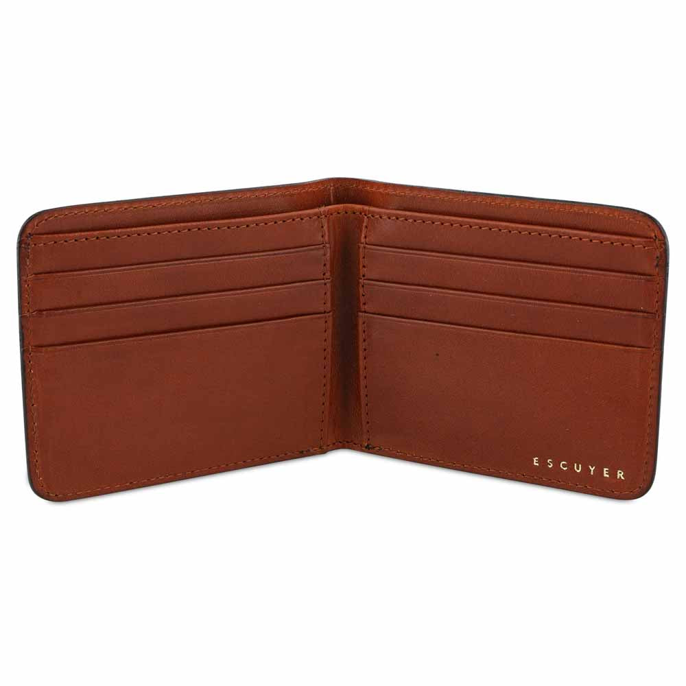 Escuyer blue and cognac billfold wallet — 6 card slots, 2 receipt pockets and bill sleeve