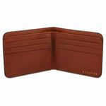 Escuyer green and cognac billfold wallet open — cognac leather interior with 6 card slots and 2 receipt pockets