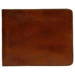 Escuyer light brown and orange billfold wallet open — orange leather interior with 6 card slots and 2 receipt pockets