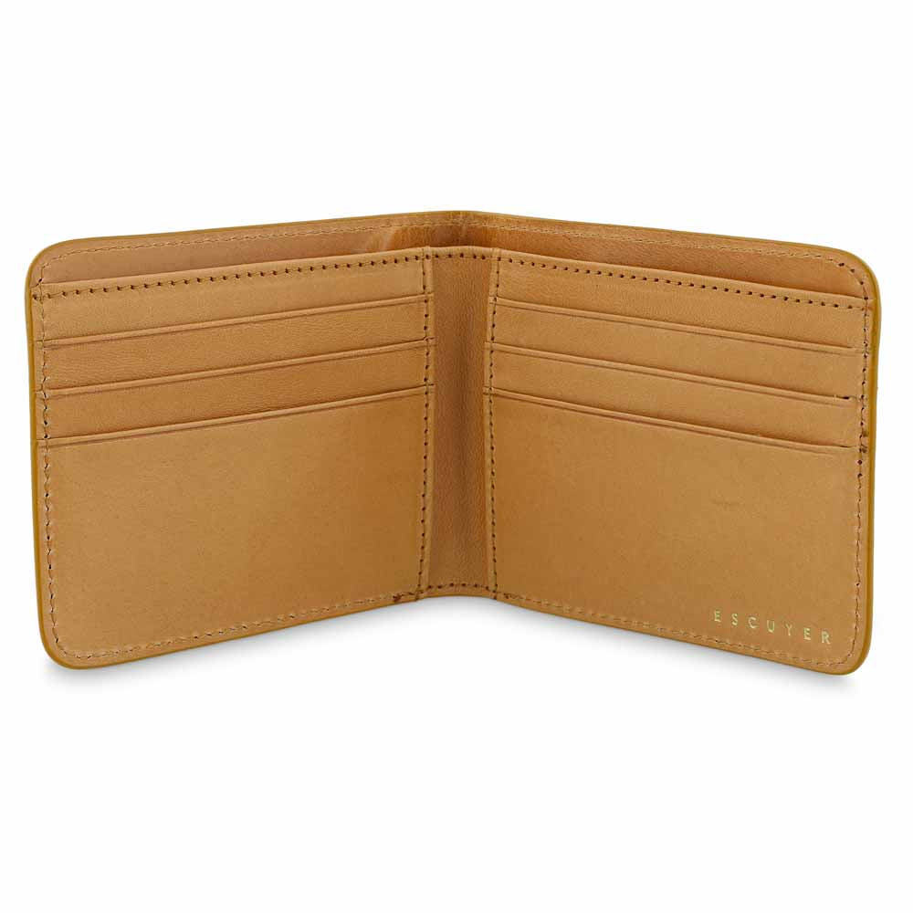 Escuyer mustard and natural billfold wallet showing bill sleeve in natural leather interior
