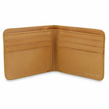 Escuyer mustard and natural billfold wallet showing bill sleeve in natural leather interior